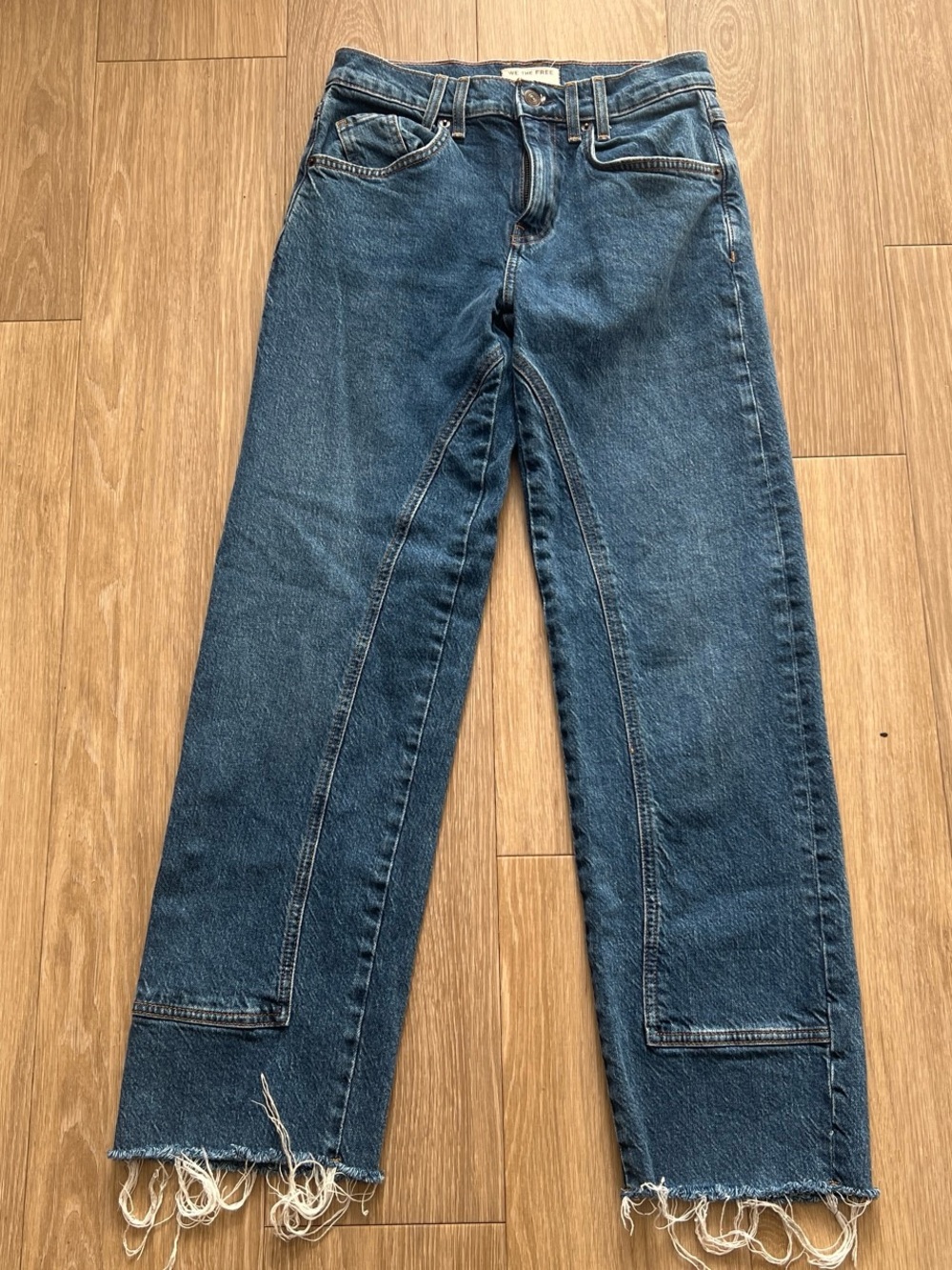 We The Free Straight-Leg Dark Blue Denim Jeans with Frayed Hem